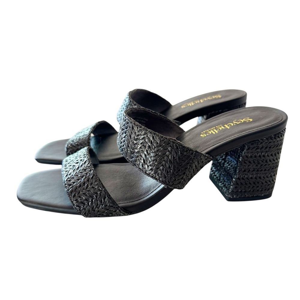 Seychelles‎ Double Band Heeled Sandals Newport Black Raffia Women 8.5